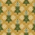 Abstract festive Christmas pattern with green trees and white stars on a gold background. Royalty Free Stock Photo