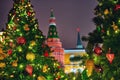 Christmas trees with toys near the Kremlin towers, new year celebrations in Moscow, Russia