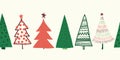 Christmas trees vector border. Seamless pattern hand drawn doodle trees green red. Decorative Winter holiday sketch