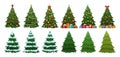 Christmas trees with xmas decorations, garlands and holiday gift boxes. Xmas green fir trees with decoration, snow and presents Royalty Free Stock Photo