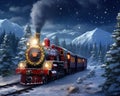 Christmas trn in the snow forest Locomotive rides among the snowy trees.