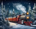 Christmas trn in the snow forest Locomotive rides among the snowy trees.