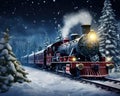 Christmas trn in the snow forest Locomotive rides among the snowy trees.