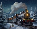 Christmas trn in the snow forest Locomotive rides among the snowy trees.