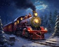 Christmas trn in the snow forest Locomotive rides among the snowy trees.