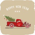 Christmas truck, side view in color, vector image, old card style