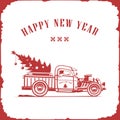 Christmas truck, side view red color, vector image, old card style