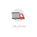 Christmas truck with sweets. Vector illustration in simple hand-drawn Scandinavian style. Vehicles under snowfall