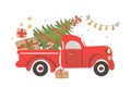 Christmas Truck. Vintage Vector Illustration Christmas Red Truck With A Christmas Tree.