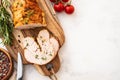 Christmas Turkey Breast Roll Stuffed with Cheese, Cranberries and Herbs, copy space. Royalty Free Stock Photo