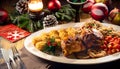 Roasted chicken, table setting. Christmas dinner Royalty Free Stock Photo