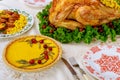 Christmas turkey dinner served with pumpkin pie and sweet potatoes Royalty Free Stock Photo