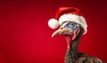 A christmas turkey wearing a festive santa hat. Studio shot against a red background