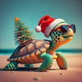 Christmas turtle with Christmas tree on the beach graphics