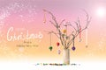 Christmas twig tree, baubles and bells. Coral background. Text. Royalty Free Stock Photo