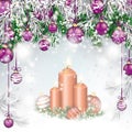 Christmas Twigs Purple Baubles Candles Royalty Free Stock Photo