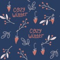 Christmas twigs seamless pattern. Berries, flowers, hearts, holly leaves, decorations. Cozy winter. Happy New Year design for