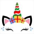 Christmas unicorn, unicorn face with Christmas gifts, cute unicorn eyes.Unicorn head on a white background