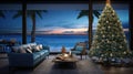 Christmas vacation concept. Coastal beachfront residence with a Christmas tree.