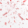 Christmas, Valentines day red confetti with ribbon on transparent background. Falling shiny confetti glitters. Festive