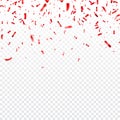 Christmas, Valentines day red confetti on transparent background. Falling shiny confetti glitters. Festive party design