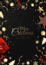 Christmas vector background. Design greeting card, banner, poster. Top view gift box, xmas decoration balls and Royalty Free Stock Photo