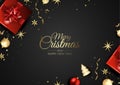 Christmas vector background. Design greeting card, banner, poster. Top view gift box, xmas decoration balls and Royalty Free Stock Photo