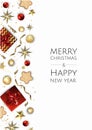 Christmas vector background. Design greeting card, banner, poster. Top view gift box, xmas decoration balls and Royalty Free Stock Photo