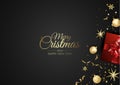 Christmas vector background. Design greeting card, banner, poster. Top view gift box, xmas decoration balls and Royalty Free Stock Photo