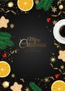 Christmas vector background. Design greeting card, banner, poster. Top view gift box, xmas decoration balls and Royalty Free Stock Photo