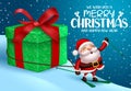 Christmas vector background design. Merry christmas text with santa claus character pulling gift element while skating. Royalty Free Stock Photo