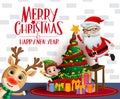 Christmas vector background design. Merry christmas and happy new year text with xmas characters. Royalty Free Stock Photo