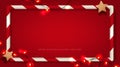 Christmas vector background with Square candy frame, Stars, Decoration lights on Red background.