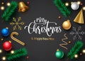 Christmas vector background template design. Merry christmas text with xmas elements like gifts, gold decoration.