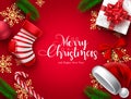 Christmas vector banner background design. Merry christmas typography text in red empty space for messages with gift, sock. Royalty Free Stock Photo