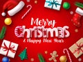 Christmas vector banner design. Merry chistmas greeting 3d realistic typography text.