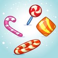 Christmas vector candy set. Colorful wrapped sweet, lollipop, cane. Royalty Free Stock Photo