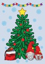 A Christmas vector card with a decorated tree, a bag of gifts and two gnomes Royalty Free Stock Photo