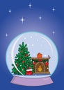 Christmas vector card with a snow globe in which a decorated Christmas tree, fireplace, candles and a bag with gifts Royalty Free Stock Photo