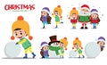 Christmas vector character set. Christmas kid characters in playing snow, skating and caroling with santa claus for xmas winter.