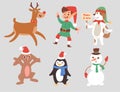 Christmas vector characters cute cartoon Reindeer, Xmas rabbit, Santa dog New Year symbol, elf child boy and penguin