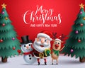 Christmas vector characters like santa claus, reindeer and snowman holding gift Royalty Free Stock Photo