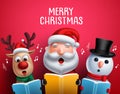Christmas vector characters like santa claus, reindeer and snowman singing christmas carols Royalty Free Stock Photo