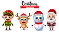 Christmas vector characters set. Christmas character like elf, reindeer, snowman and santa claus in standing pose and gesture. Royalty Free Stock Photo