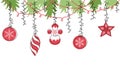 Christmas vector color border. Xmas decorations, christmas tree toys background. Seamless vector border with ornaments