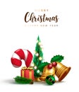 Christmas vector design. Merry christmas text with bells, candy cane and leaves miniature ornament elements for xmas greeting. Royalty Free Stock Photo