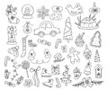 Christmas vector doodles. Set New Years decor, gifts, Christmas sock, car, Christmas tree, garland, mittens, bell
