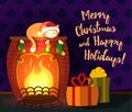 Christmas vector greeting card - cat sleeping on a fireplace with couple of gifts Royalty Free Stock Photo