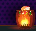 Christmas vector greeting card - cat sleeping on a fireplace in empty room Royalty Free Stock Photo