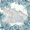 Christmas vector greeting card with fur branches and vintage city building